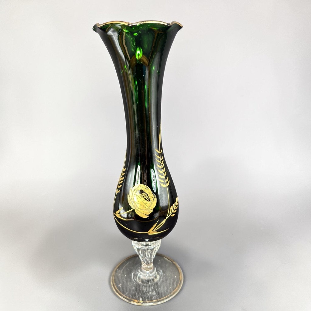 Vintage Emerald Green Glass Bud Vase Gold Rose Wheat Hand Painted 10 Inch